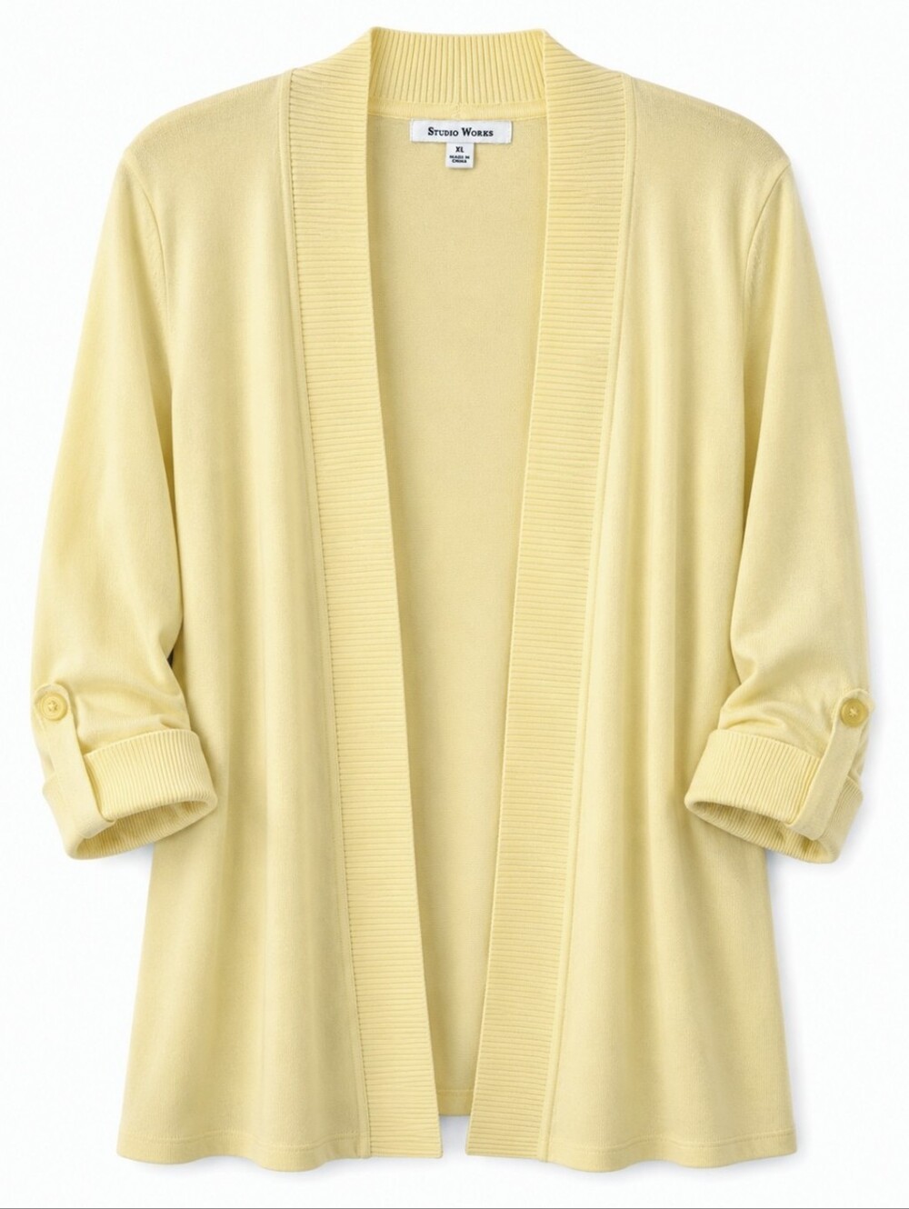 Studio Works Yellow Open Front Cardigan XL Rayon Blend Button Tab Sleeves